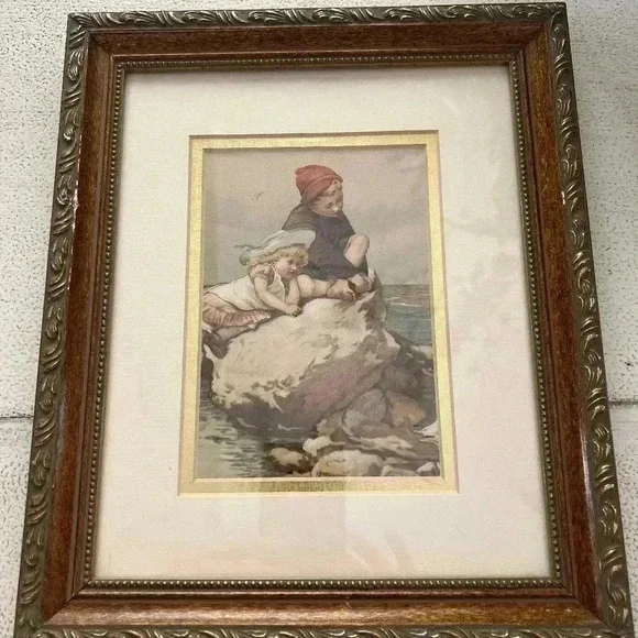 Vintage Wood Framed Matted Picture of Kids by the Water - Picture 4 of 5